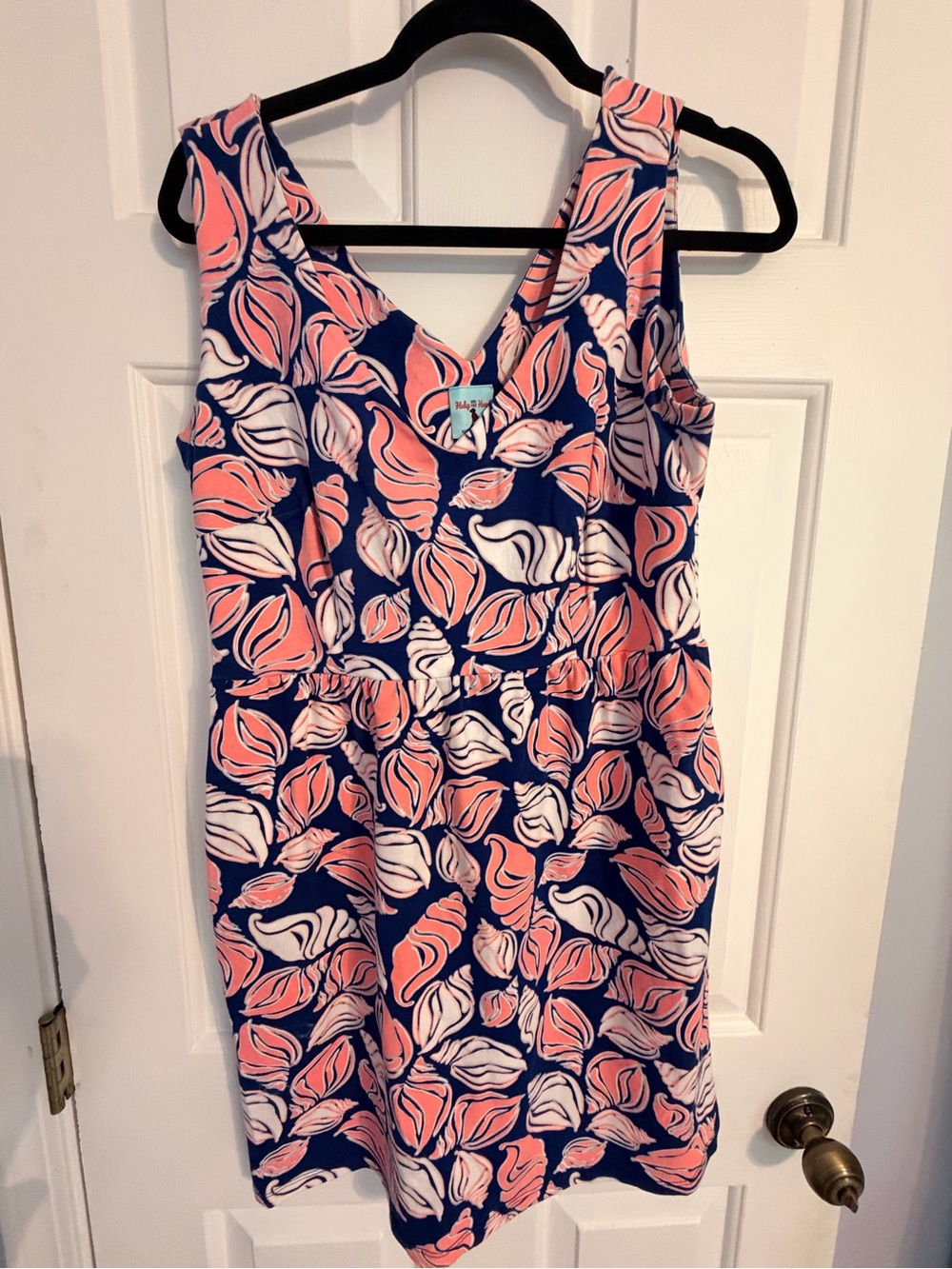 Sleeveless Navy Midi Dress with Pink & White Leaf Print